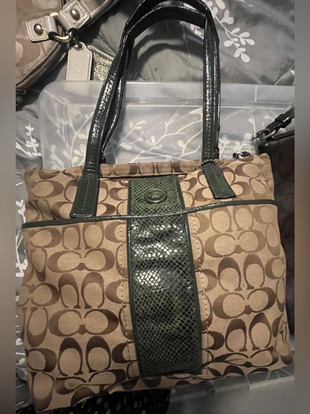 Coach Signature Canvas Shoulder Bag with Green Snake Skin Trim leather
